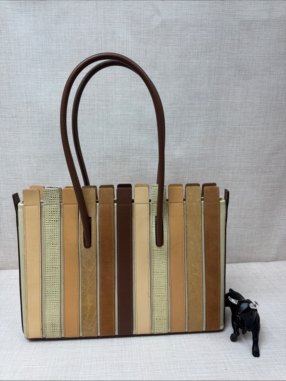 CASA LOPEZ Women’s Striped Panel LEATHER Tote Bag in Brown and Tan